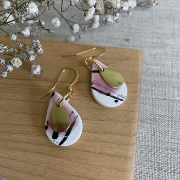 Pink Teardrop Ceramic Dangle Earrings Gold Plated, 2 of 6