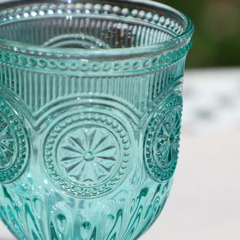 Set Of Four Turquoise Embossed Wine Glasses, 3 of 7