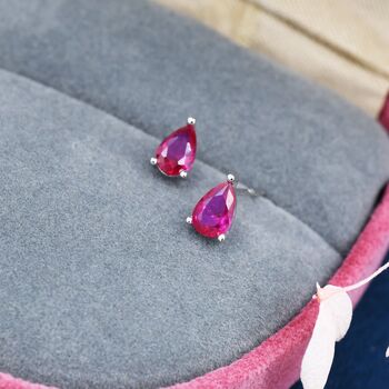 Sterling Silver Ruby Pink Droplet Stud Earrings, 3 of 12