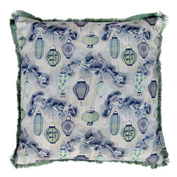 Pine Lanterns Blue Patterned Fringe Cushion, 3 of 8