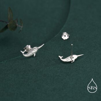 Tiny Narwhal Unicorn Whale Stud Earrings In Sterling Silver, 6 of 12