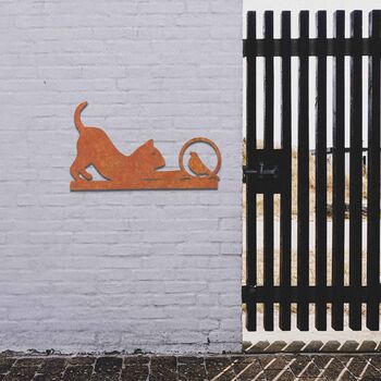 Metal Cat And Bird Garden Sculpture: Fence Metal Decor, 8 of 11