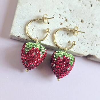 Strawberry Rhinestone Gold Plated Hoop Earrings, 3 of 6