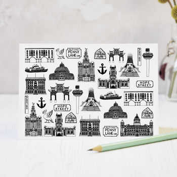 Liverpool Illustrated Black And White Greeting Card, 2 of 6