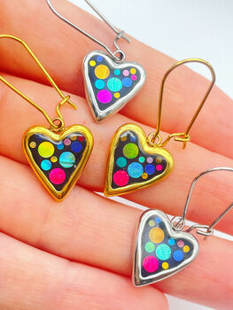 Mini Disco Heart Earrings Handmade With Colourful Sparkles, 3 of 10