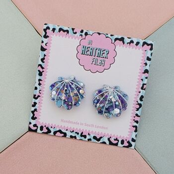 Sea Shell Glitter Resin Stud Earrings Pink, Blue And Coral, 7 of 12
