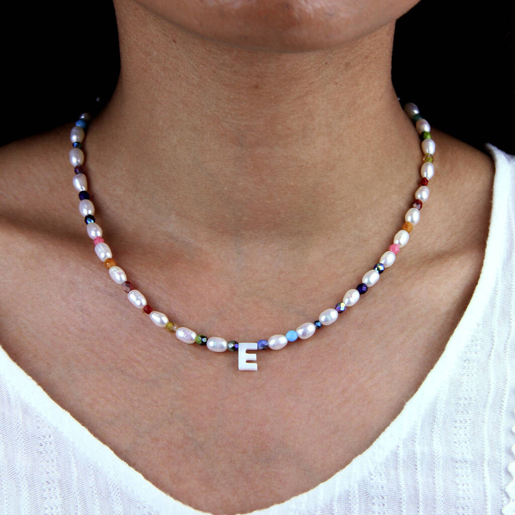 Freshwater Pearl And Rainbow Bead Initial Necklace, 1 of 8