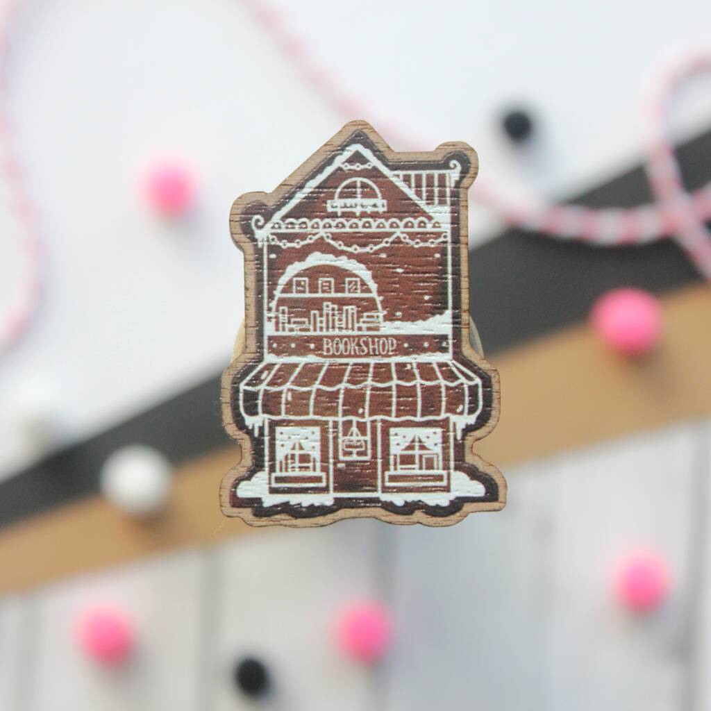 Christmas Wooden Pin Badge, Gingerbread Bookshop, 1 of 3