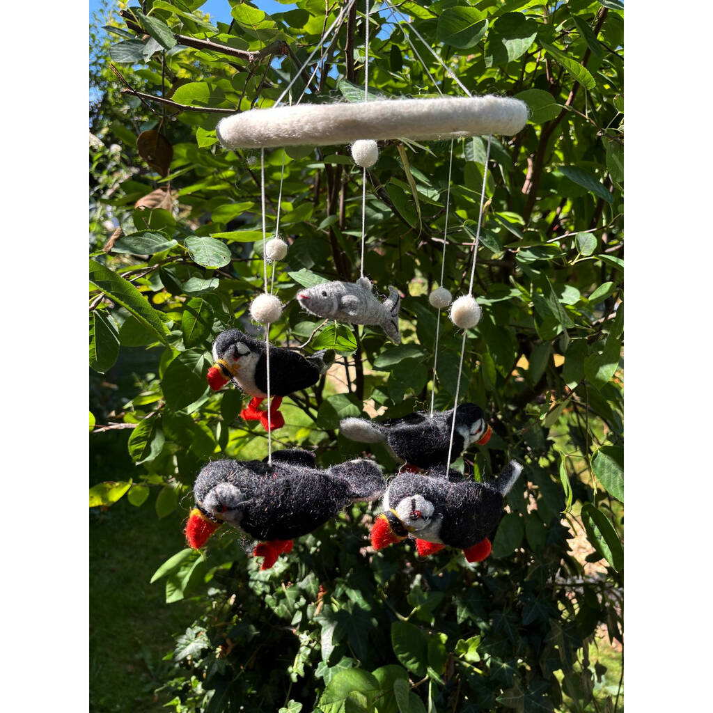 Felted Puffin Mobile In A Personalised Bag