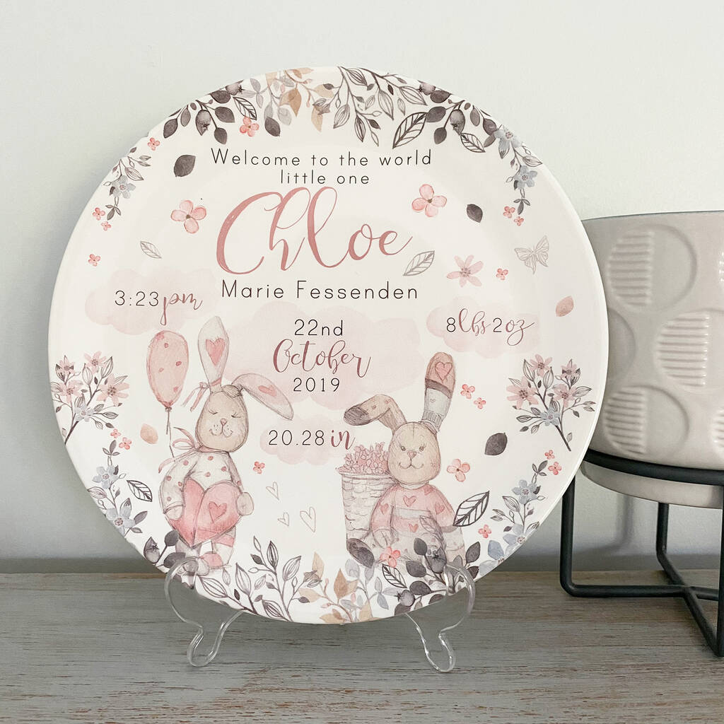 Personalised Floral Rabbits Keepsake Birth Plate By Love My Designs ...