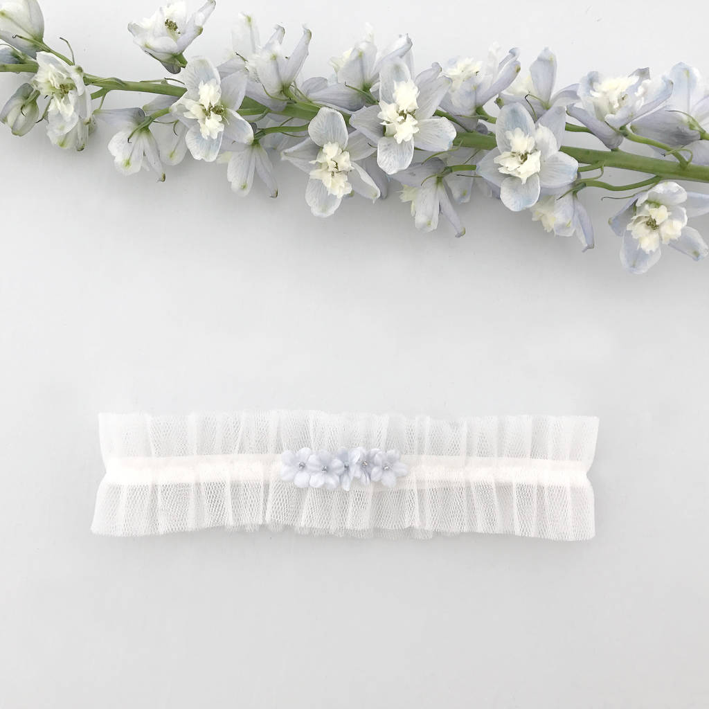 tulle wedding garter with 'something blue' flowers by the wedding ...