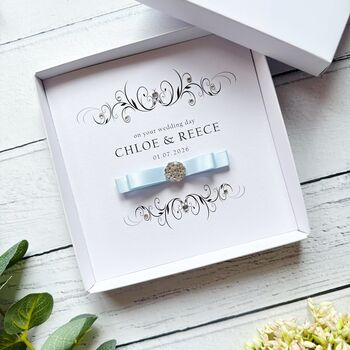Handmade And Personalised Wedding Card With Crystal Embelishment Any Colour Ribbon, 5 of 12