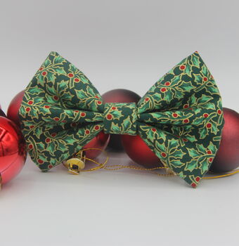 Green And Gold Holly Christmas Dog Bow Tie, 2 of 12