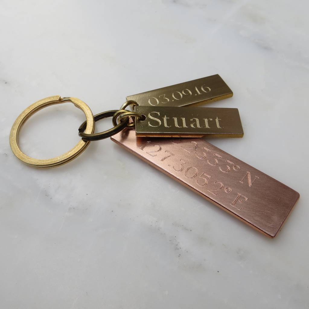 engraved copper and brass tag keyring by gracie collins