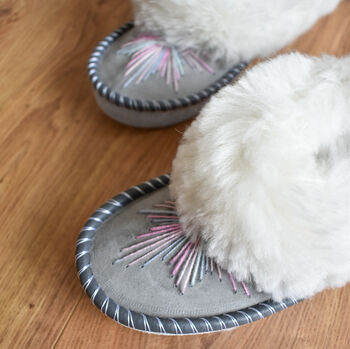 Peacock Pink Sheepskin Moccasins Slippers, 5 of 6