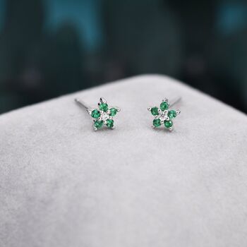 Emerald Green Forget Me Not Flower Cz Stud Earrings Two, 3 of 11