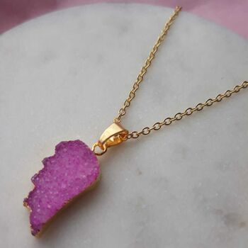 Pink Angel Wing Druzy Gemstone Gold Plated Necklace, 2 of 5