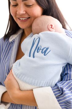 Blue Personalised Embroidered New Baby Name Cardigan, 3 of 11