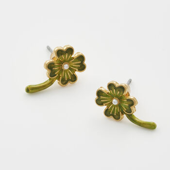 Gold Lucky Clover And Pearl Stud Earrings, 4 of 7