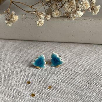 Tiny Turquoise Christmas Tree Ceramic Earrings, 3 of 10