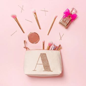 Personalised Initial Rose Gold Glitter Makeup Bag, 4 of 12
