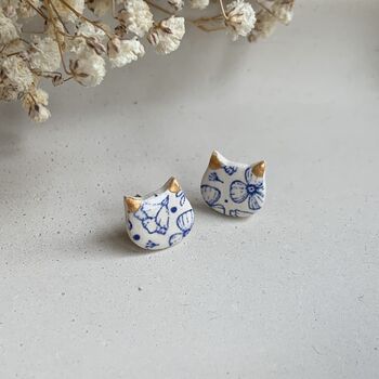 Blue Floral Ceramic Cat Earrings Vintage Blue, 8 of 8