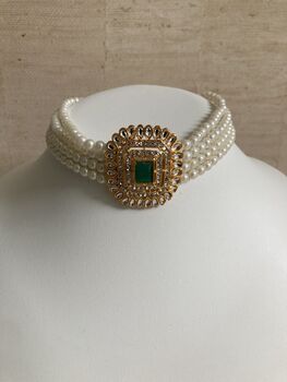 Green Beaded Pearl Gold Plated Indian Choker Set, 5 of 7
