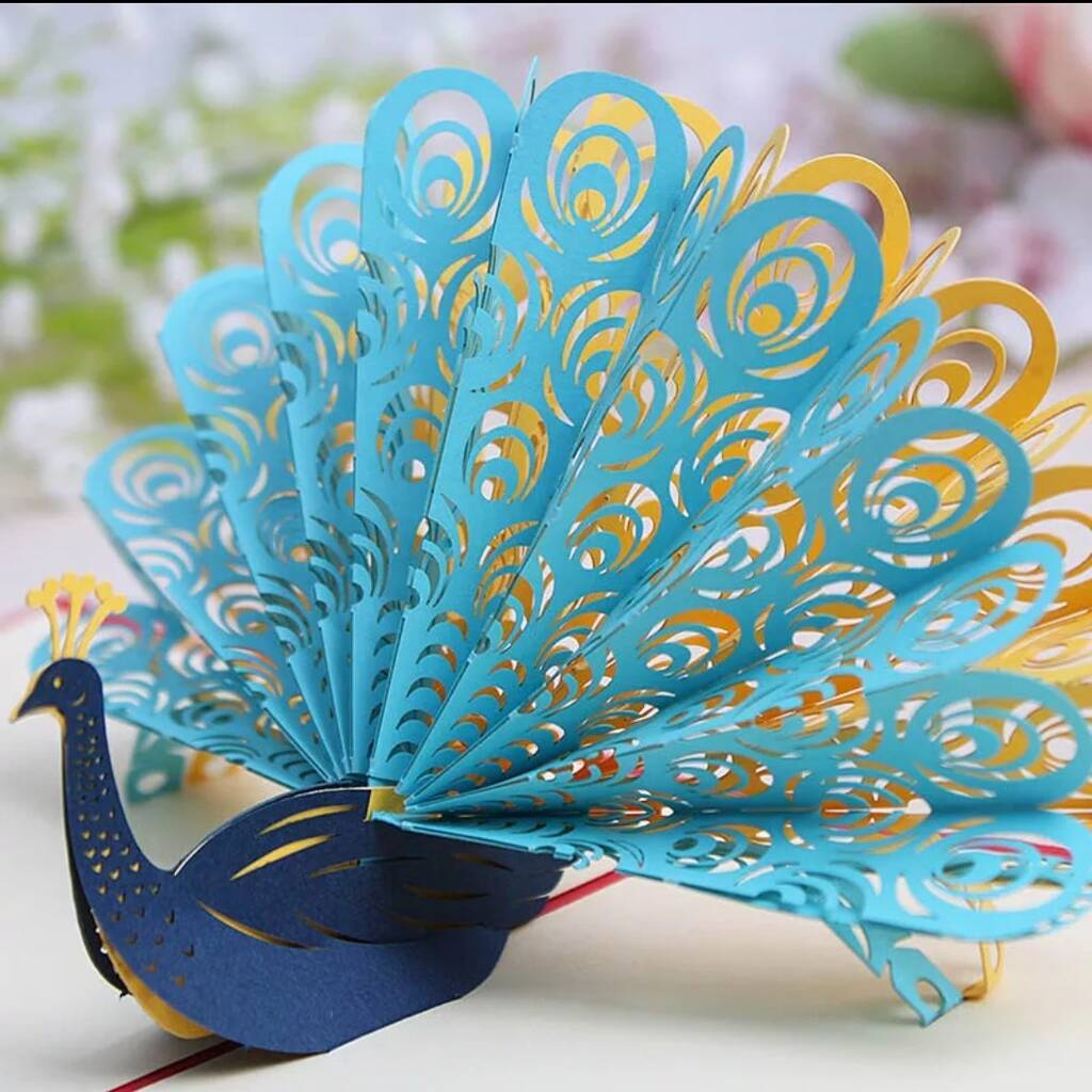Pop Up 3D Wedding Blue Peacock Card