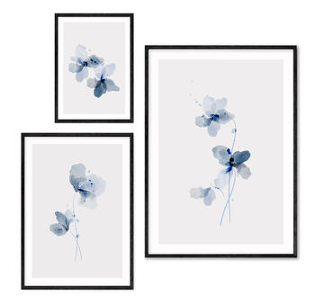 Set Of Three Blue Floral Watercolour Art Prints, 3 of 7