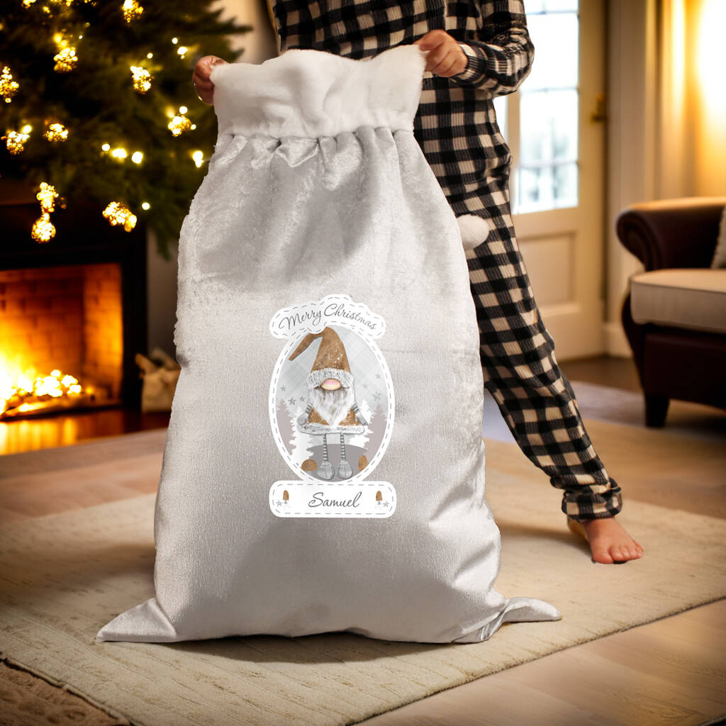 Personalised Silver Grey Gonk Pom Pom Christmas Sack, 1 of 5
