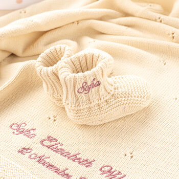 Toffee Moon Cream Pointelle Baby Blanket And Booties, 2 of 12