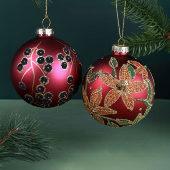 G Decor Hand Painted Glass Christmas Bauble Hanging Decoration Winter Berry Branch Or Golden Poinsettia Red, 3 of 4