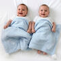 Personalised Twins Blue Cable Knit Pom Pom Blankets, thumbnail 1 of 9