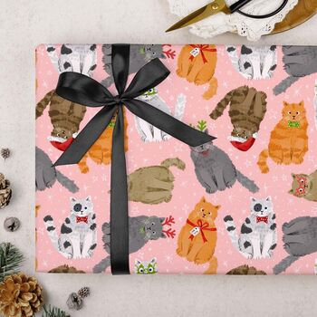 Three Sheets Of Pink Christmas Cats Wrapping Paper, 2 of 2
