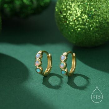 Sterling Silver White And Blue Opal Huggie Hoops, 2 of 11