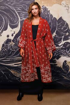 Asanoha And Peony Terracotta Embroidered Long Kimono, 3 of 12