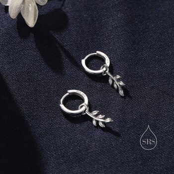 Leaf Charm Huggie Hoop Earrings In Sterling Silver, 3 of 10