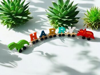 Dinosaur Wooden Letter Name Train And Gift Bag, 2 of 9