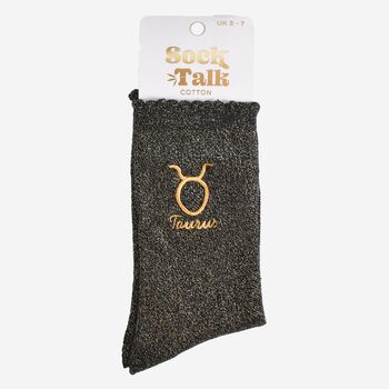 Women's Glitter Socks Black Gold Zodiac Taurus, 5 of 5