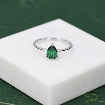 Sterling Silver One Carat Emerald Green Cz Pear Cut Ring, 4 of 12