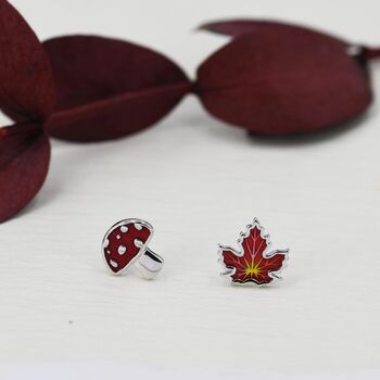 Mismatched Enamel Maple Leaf And Mushroom Stud Earrings In Sterling Silver, 6 of 11