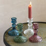Coloured Glass Candlesticks Green, Blue And Clear, thumbnail 1 of 8