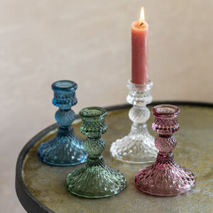 Coloured Glass Candlesticks Green, Blue And Clear
