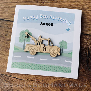 Personalised Birthday Card With Wooden Tow Truck Keepsake, 3 of 4