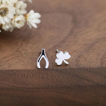 Mismatched Wishbone And Shamrock Leaf Stud Earrings In Sterling Silver, 4 of 12