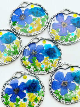 Pressed Blue Flowers Drop Earrings Silver Or Gold, 3 of 10