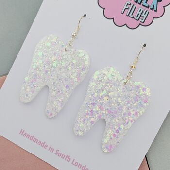 Tooth Glitter Earrings / Dentist Graduation Gift / Dental Hygienist Statement Dangles / Tooth Fairy Novelty Jewellery, 8 of 10