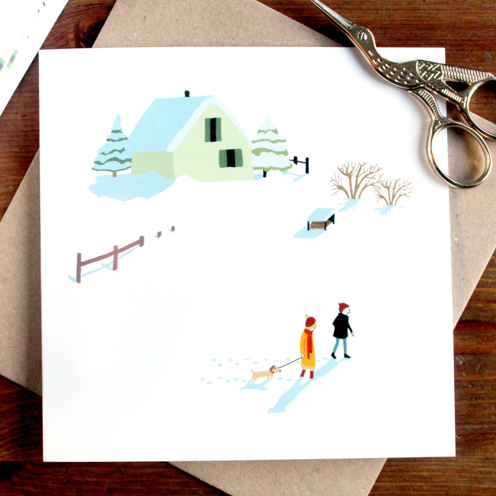 Dog Walkers In The Snow Christmas Card By Tamzin Harris