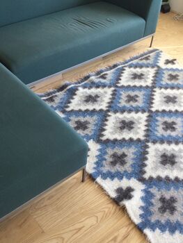 Thick Blue Diamond Sheep Wool Rug Handmade, 5 of 8