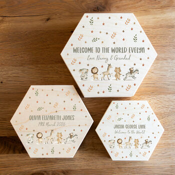 Personalised New Baby Gift Hexagon Keepsake Box Jungle Animals, 3 of 6
